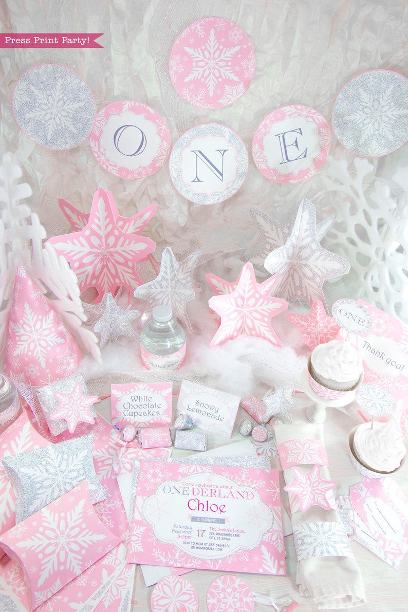 Winter ONEderland Party Decorations Printable Pack, Pink and Silver Snowflakes, Girl First Birthday Party, 1st birthday, INSTANT DOWNLOAD image 2