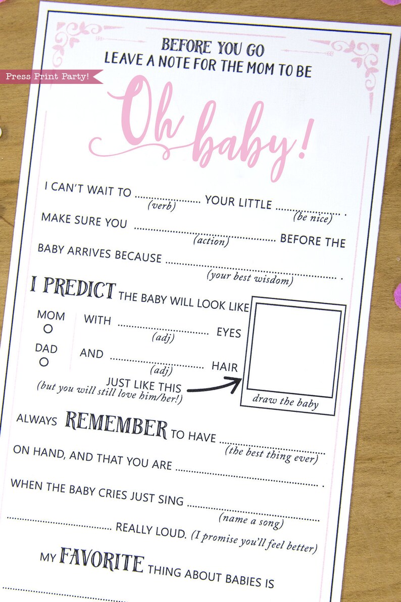 May include: A printable baby shower game card with the text "Oh baby!" in pink. The card has instructions for guests to fill in the blanks with predictions about the baby, such as the baby's hair color and eye color. The card also includes a space for guests to draw a picture of the baby.