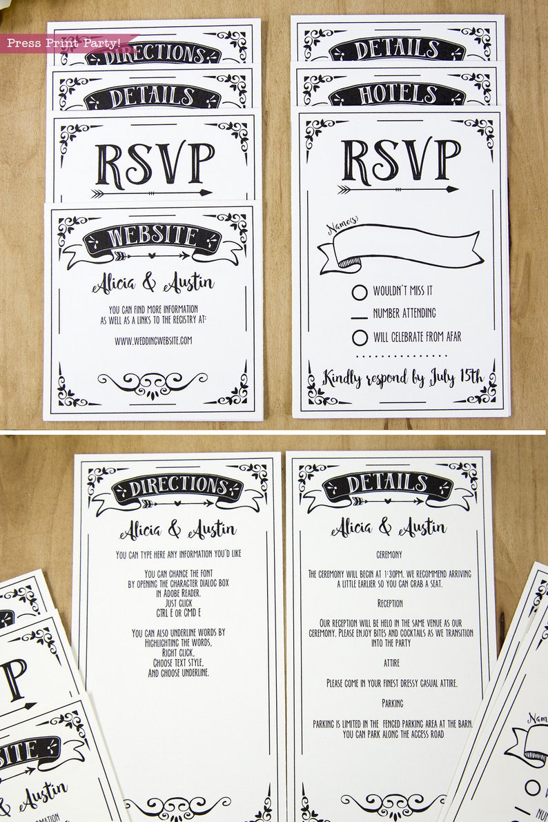 Wedding Invitation Template, Invitation Suite, Boho Wedding Printable Bundle, Rustic, Pocket folder, Black, signs, pdf, INSTANT DOWNLOAD image 6