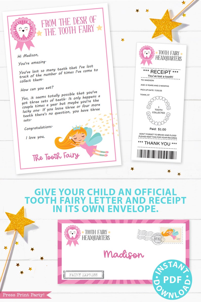 EDITABLE Tooth Fairy Letter Printable Kit & Receipts, Certificate, Baby Teeth Chart, Door Hanger Lost Tooth Fairy Envelope, INSTANT DOWNLOAD image 3