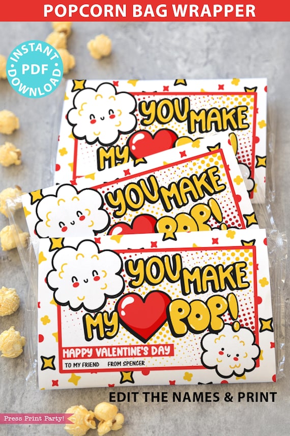 Printable popcorn valentine non candy valentines Classroom valentines DIY  print Pop corn bags wrap easy valentine's day gift for kids