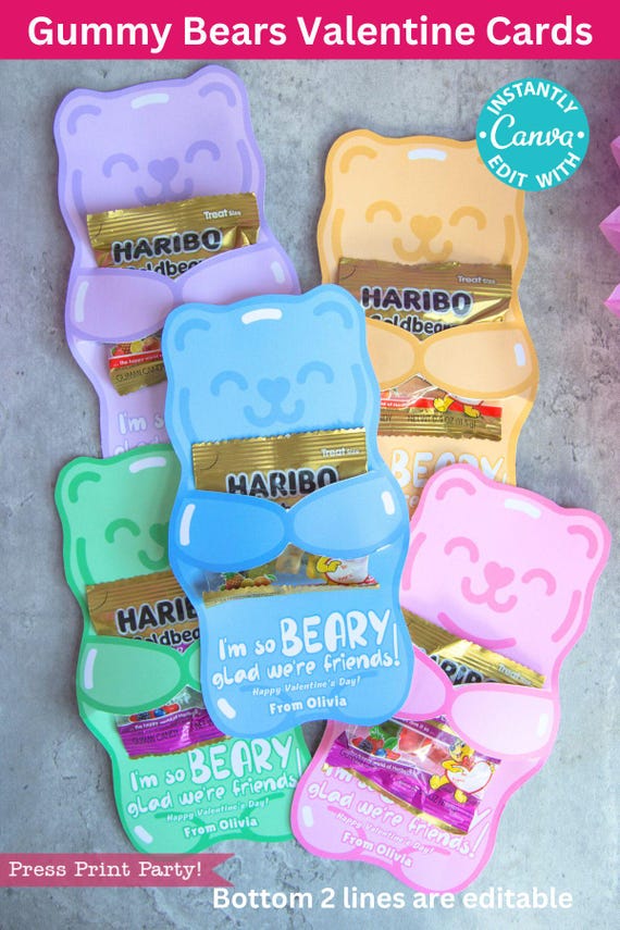 Gummy Bears Valentine Card Printable Adorable Personalized Classroom Exchange Tag Editable Kid School Treat So Beary Glad We're Friends