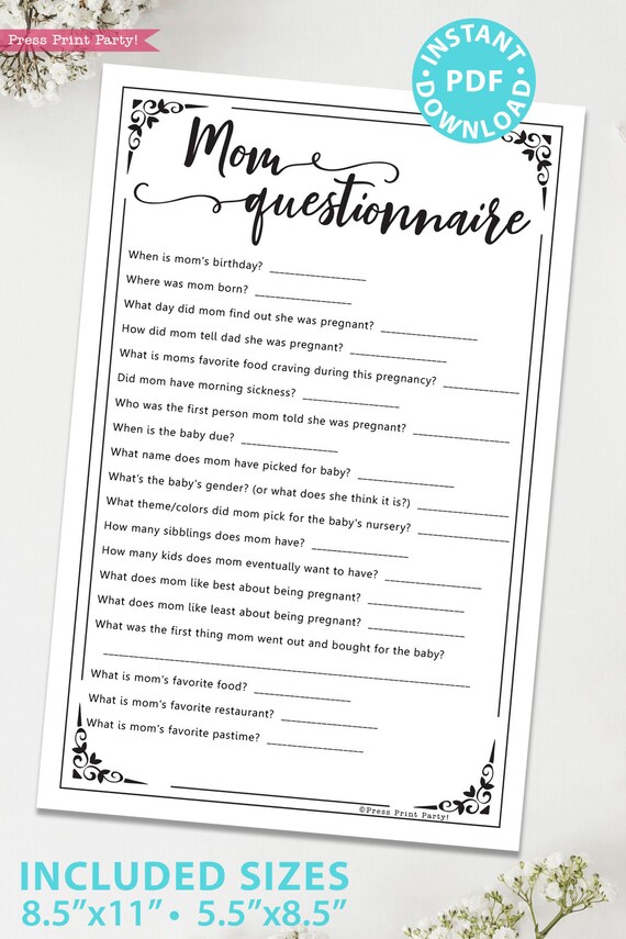 Mom Questionnaire Baby Shower Game Printable Unique Baby Shower