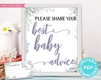 Mom Advice Card and Sign Printable, Best Baby Advice for Mom, Greenery & Purple Baby Shower Game Template, Frame, New Mom, INSTANT DOWNLOAD