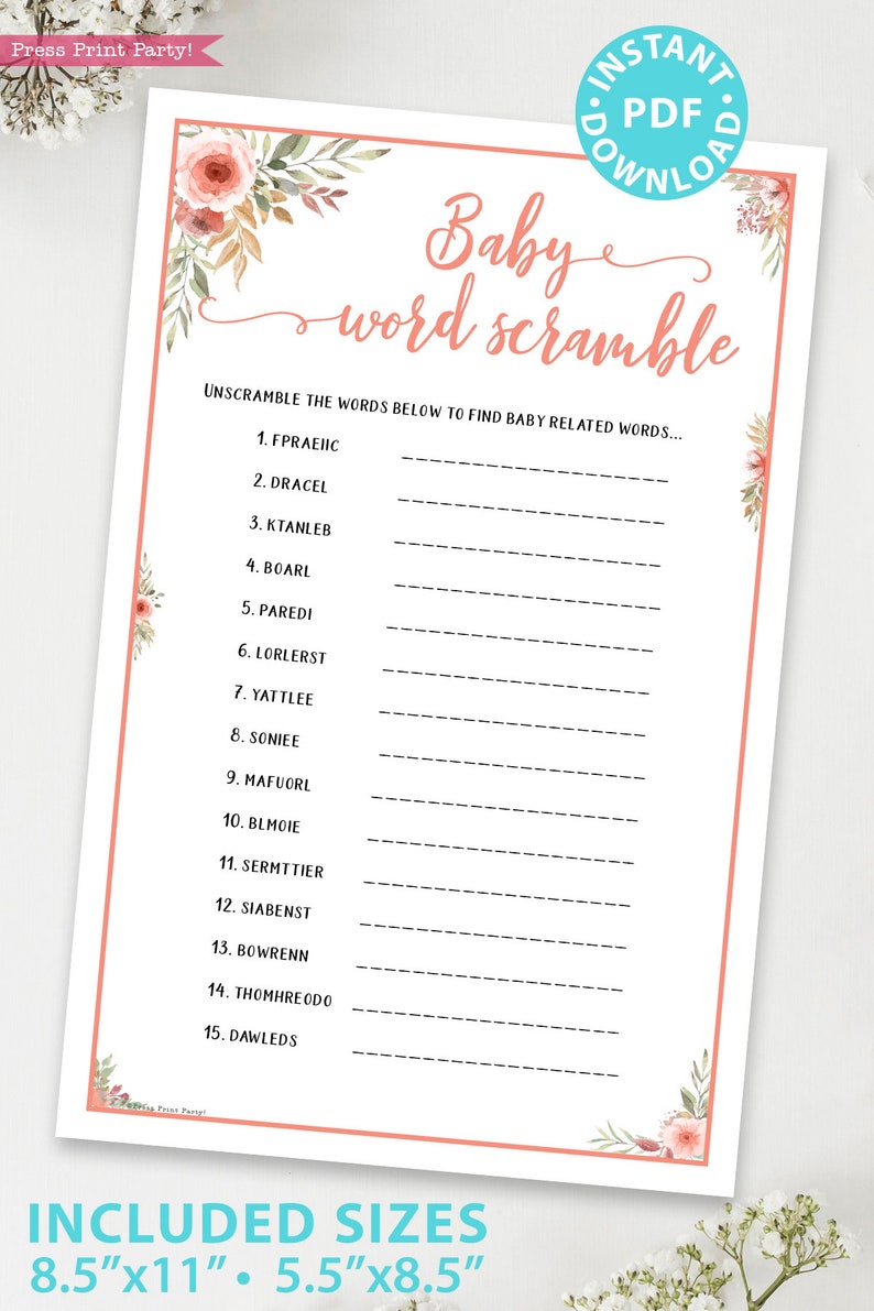 Baby Shower Games Bundle Printable, Peach Flowers, Games Pack, Unique Baby Shower Games, Funny Activities, Girl, Bingo, INSTANT DOWNLOAD image 6