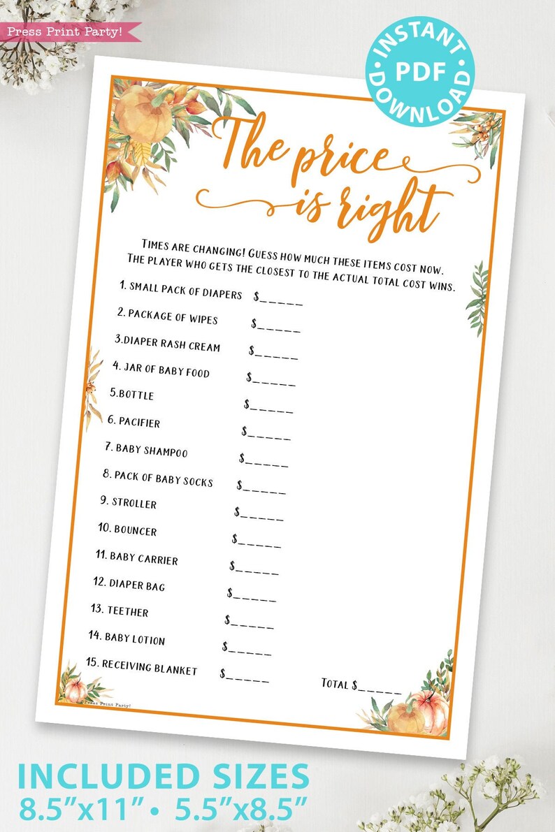 Little Pumpkin The Price is Right Baby Shower Game Printable, Rustic Fall Baby Shower Game Template, Funny Activities, INSTANT DOWNLOAD image 1