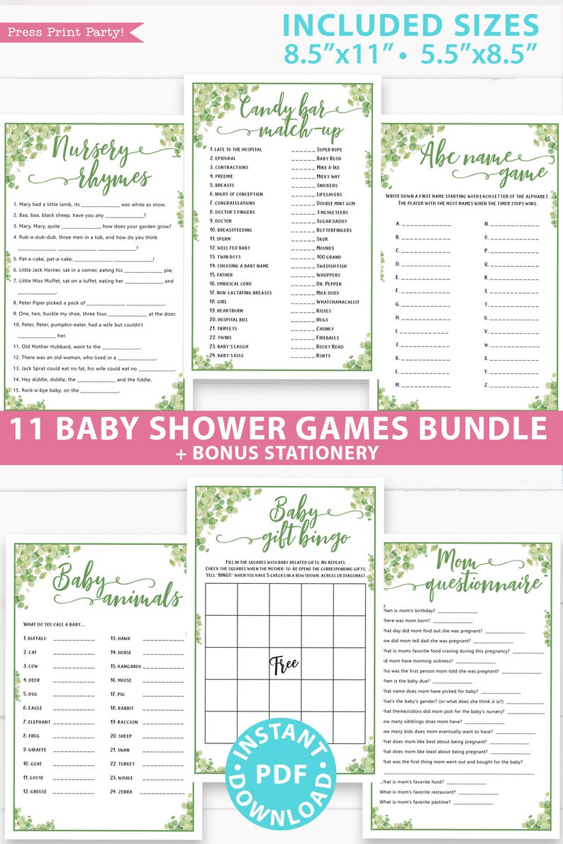 Eucalyptus Baby Shower Games Bundle Printable, Games Pack, Unique Baby Shower Games, Funny Activities, Girl, Boy, Bingo, INSTANT DOWNLOAD image 2