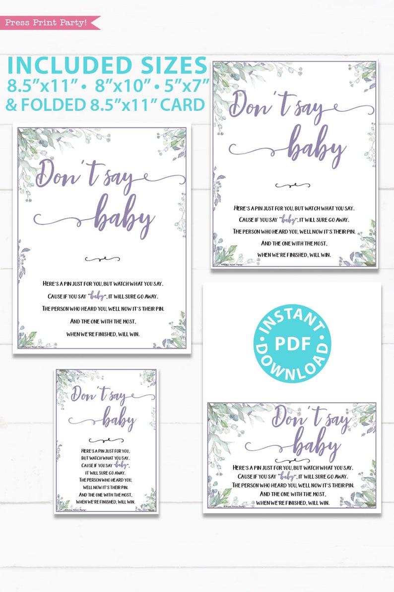 Don't Say Baby Sign Printable Greenery &amp; Purple Baby | Etsy