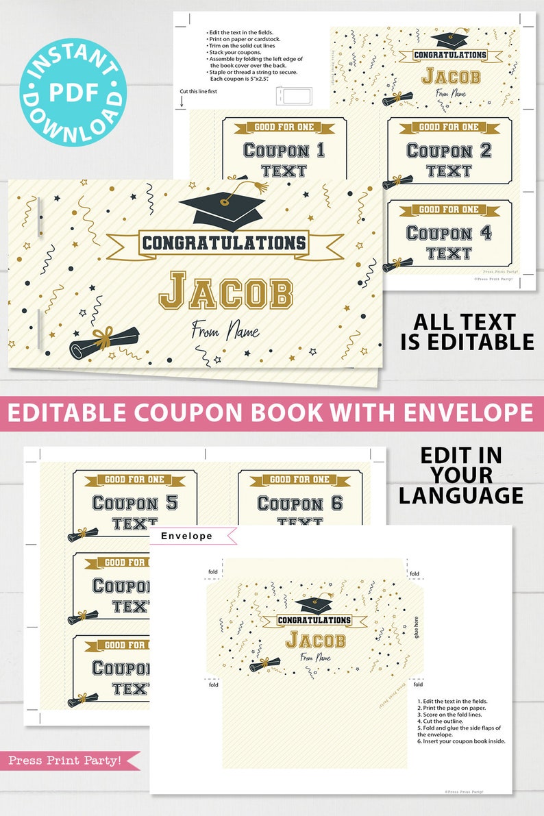 Graduation Coupon Book Template Printable Gift Idea, Blank Coupon Book, Last Minute Graduation Gift, High School, INSTANT DOWNLOAD image 3