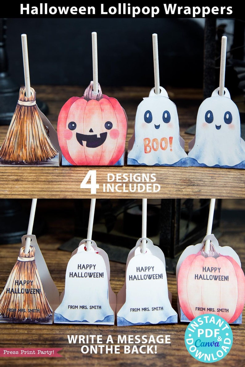 Halloween lollipop wrappers. ghost, pumpkin, broom. 4designs included