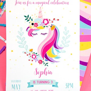 Printable Unicorn Birthday Invitation, Unicorn Invitation, Magical Unicorn Party, Unicorn Printable, Personalized, Rainbow, INSTANT DOWNLOAD image 2