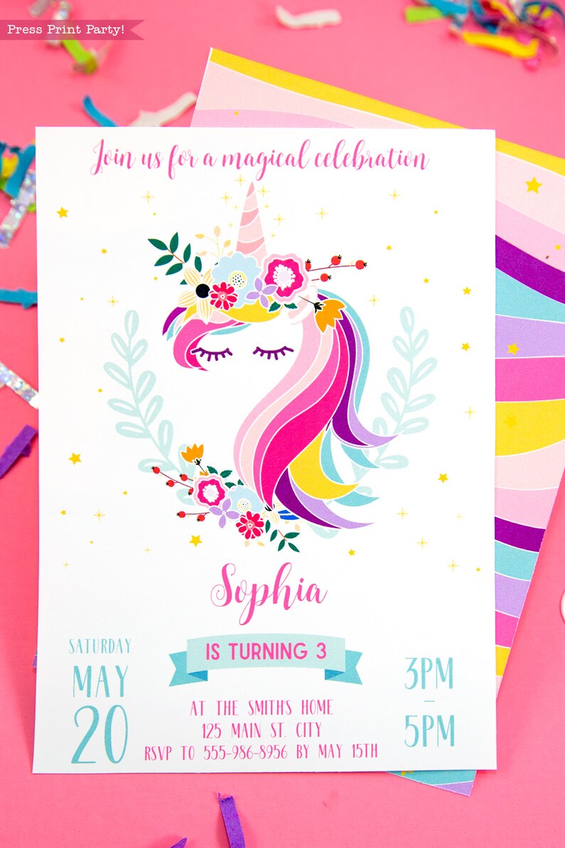 Printable Unicorn Birthday Invitation, Unicorn Invitation, Magical Unicorn Party, Unicorn Printable, Personalized, Rainbow, INSTANT DOWNLOAD image 2