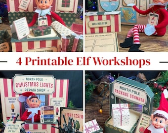 Christmas North Pole Workshops Elf Props Printable Kit, Vintage Scenes, Gift Wrap Station, Package Scanner, Weather Desk, Light Repair Shop
