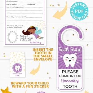 EDITABLE Tooth Fairy Letter Printable Kit & Receipts Purple w. Black Fairy, Certificate, Teeth Chart, Lost Tooth Envelope, INSTANT DOWNLOAD image 3