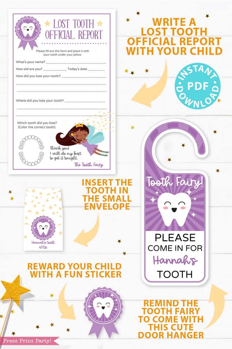 EDITABLE Tooth Fairy Letter Printable Kit & Receipts Purple w. Black Fairy, Certificate, Teeth Chart, Lost Tooth Envelope, INSTANT DOWNLOAD image 3