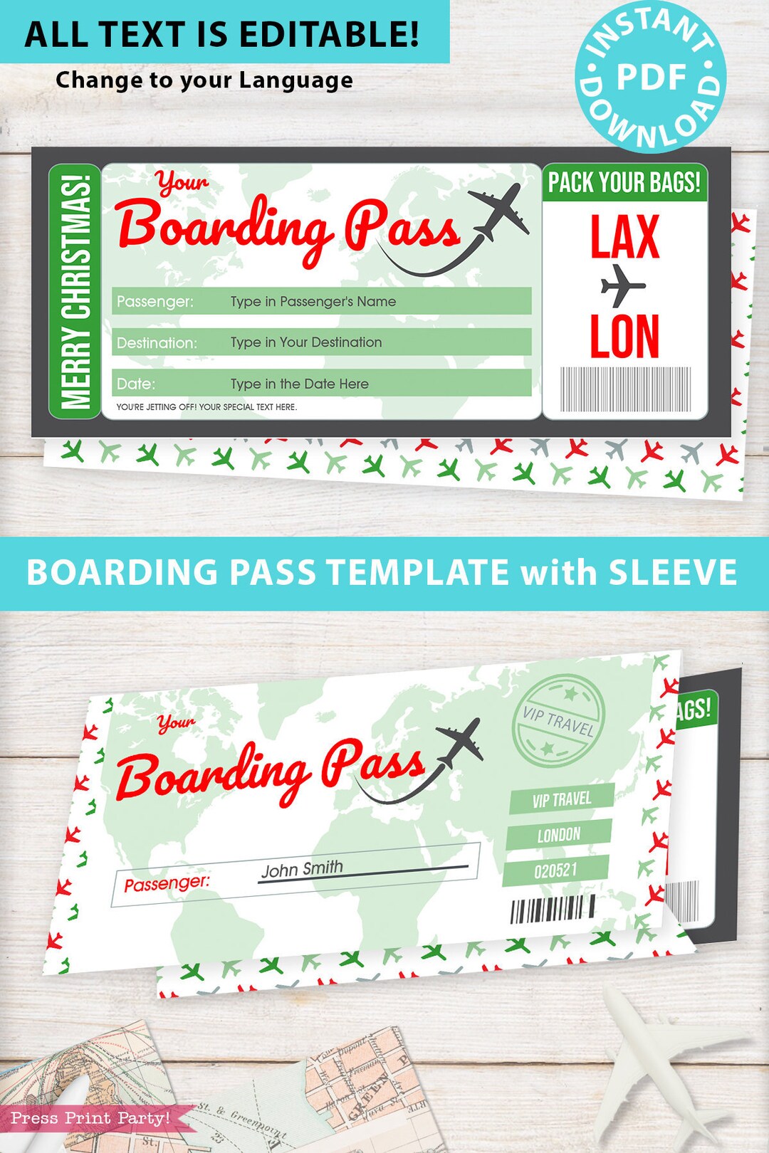 Boarding Pass Template W. Holder Editable Text Printable, Christmas ...