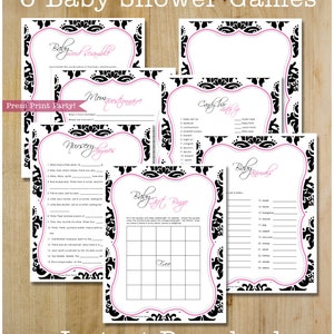 Baby Shower Game Pack Printable, Girl Baby Shower, Elegant Baby Shower, Black & Hot Pink Damask, Baby Scramble, Baby Bingo, INSTANT DOWNLOAD image 1