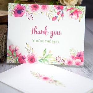 Thank You Cards Printable Template Set, Pink Florals, 4 Designs, 100% ...