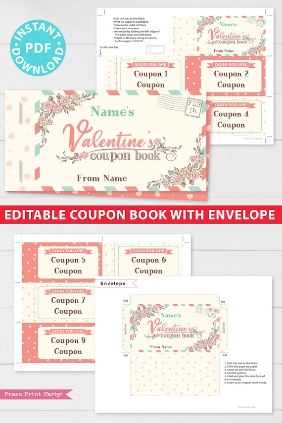 Love Coupons Template Printable, Vintage, Valentines Day Coupons, Date
