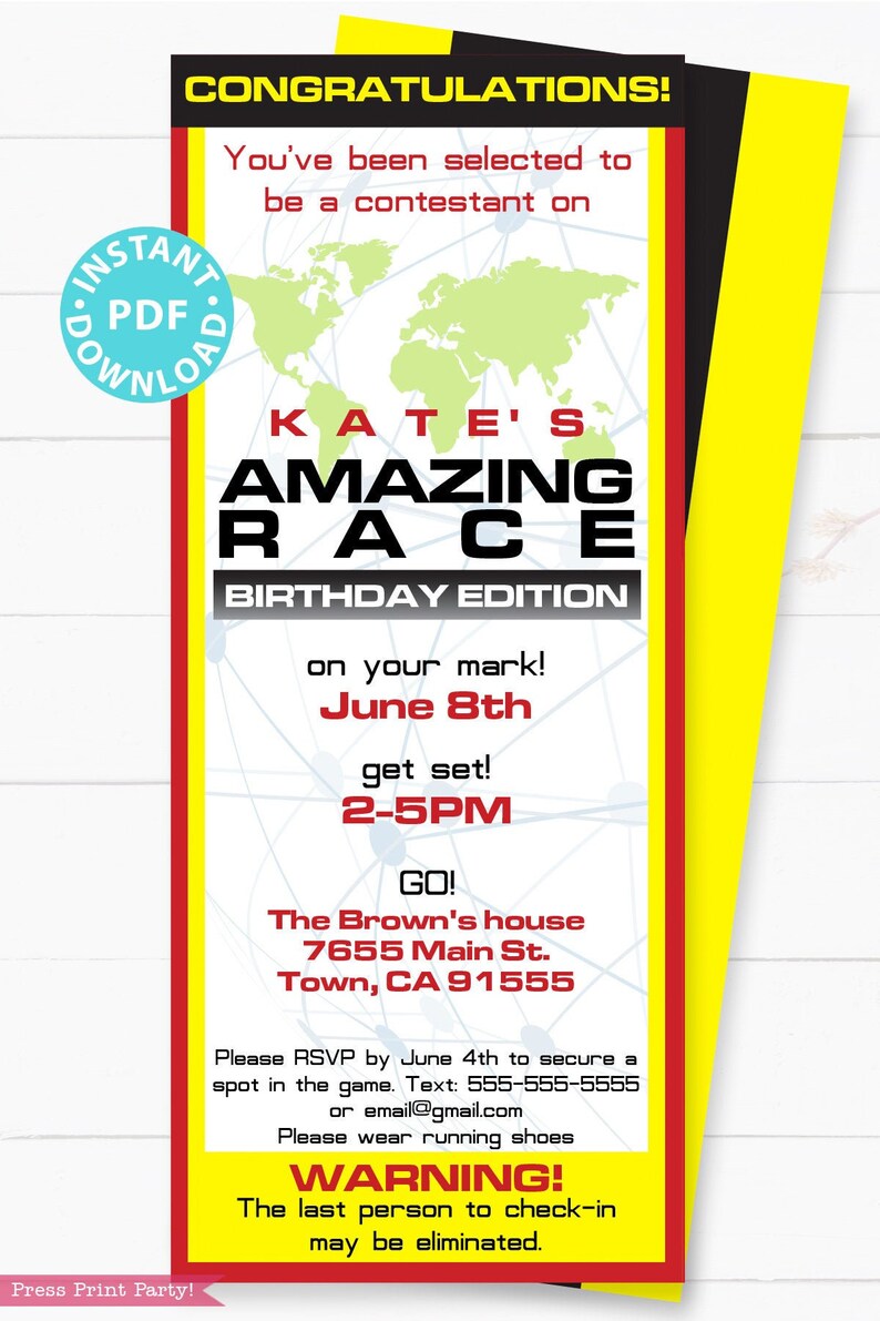 The Amazing Race Party Invitation Printable, Editable, Route Marker, envelope labels, 2 sizes, Print or Send Digitally, INSTANT DOWNLOAD image 5