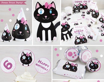 Kitten Party Printables, Cat Party Decorations, Cat birthday, Kitty Cat Invitation, Black and White Cat, Girls Birthday Party Idea, Girl Cat