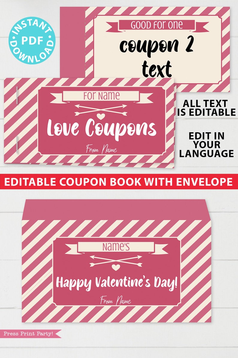 Valentines Coupons, Love Coupons Template for Valentine's Day Gift, Make Custom Coupon Book, Couple Coupons, Editable, INSTANT DOWNLOAD image 1