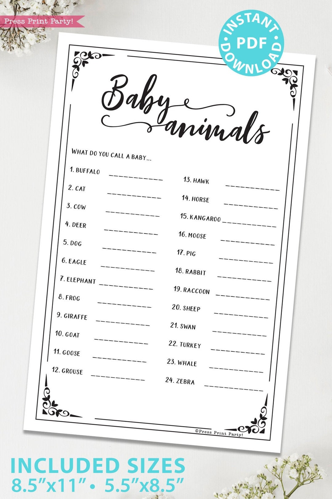 Baby Animals Baby Shower Game Printable, Unique Baby Shower Game