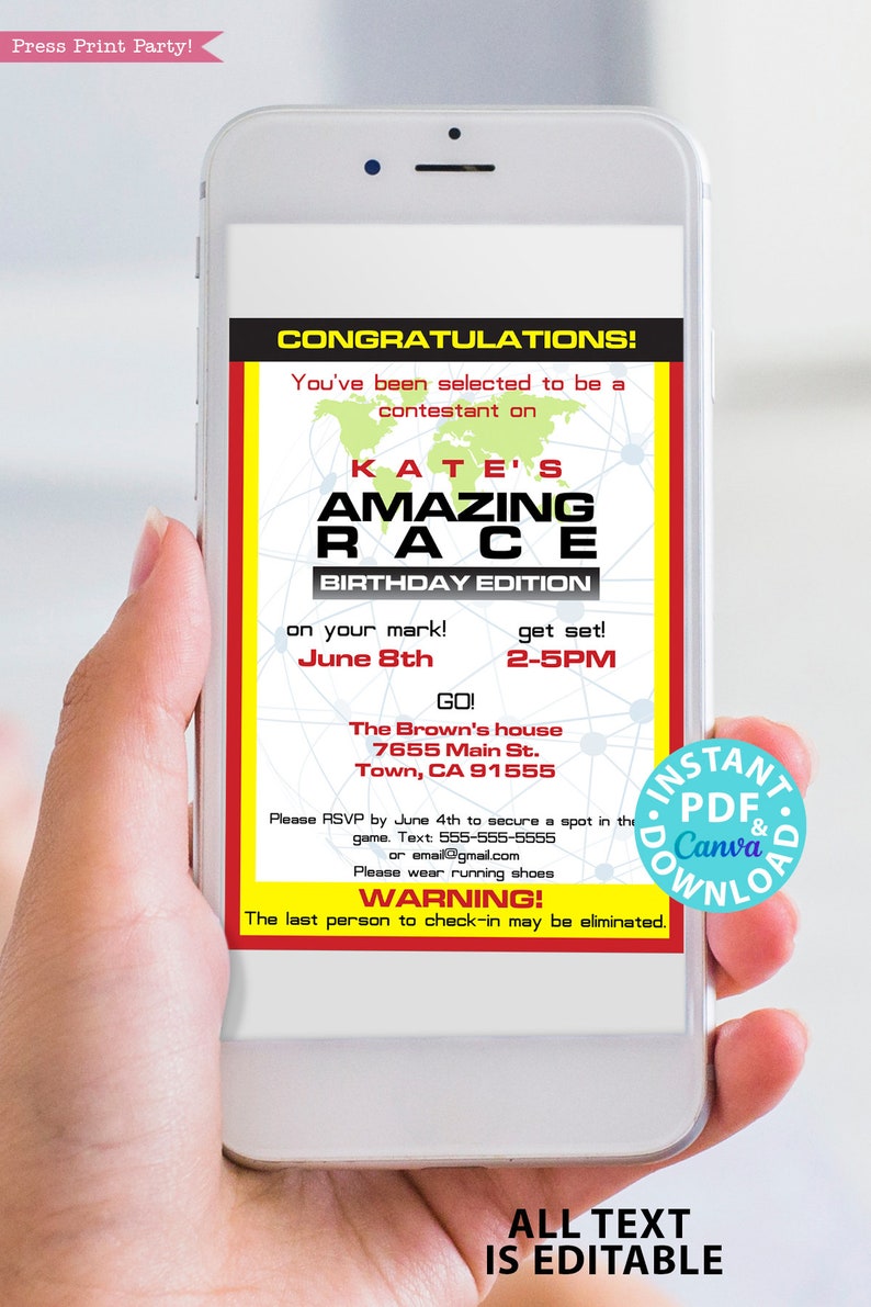 The Amazing Race Party Invitation Printable, Editable, Route Marker, envelope labels, 2 sizes, Print or Send Digitally, INSTANT DOWNLOAD image 4