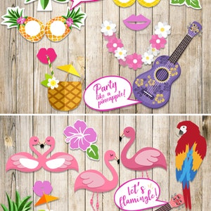 May include: A set of 12 printable photo booth props with a luau and pineapple theme. The props include a pineapple with sunglasses, a pineapple with a drink, a flower lei, a ukulele, a flamingo, a parrot, and a speech bubble that says "Party like a pineapple!" and another speech bubble that says "Let's flamingle!"