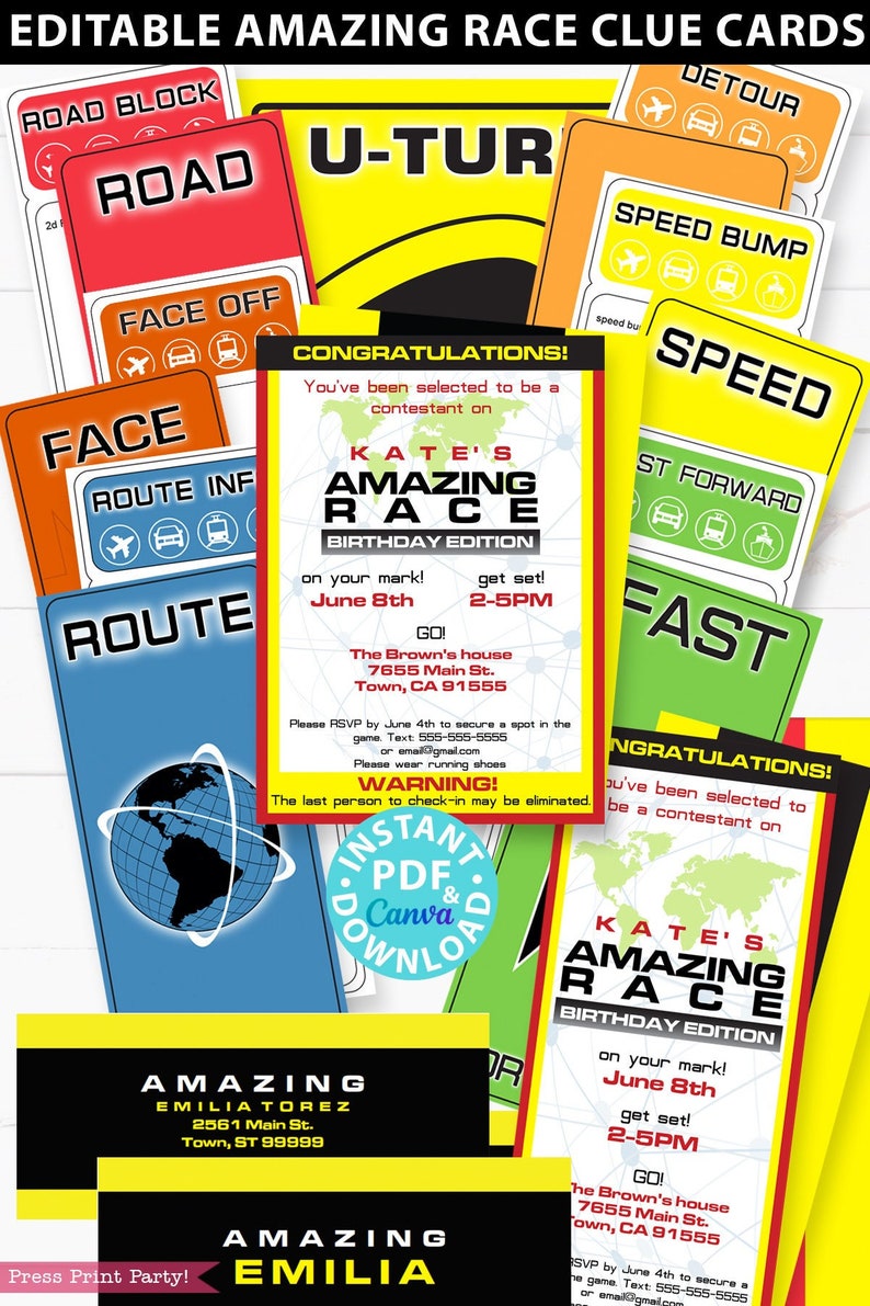 Editable Amazing Race clue cards and invitation with labels. Make your own Amazing Race Party Challenges