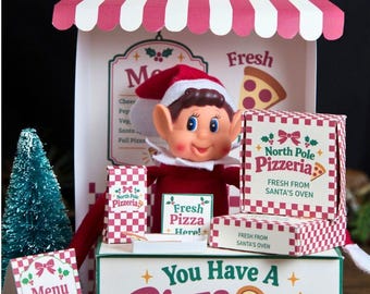 Elf Prop Printable Kit, Christmas Pizzeria Elf Scene, Canva North Pole Pizza Stand, Miniature Holiday Village Display Booth Setup Ideas