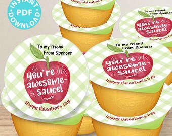 Applesauce Valentine stickers for Kids Printable, For Apple Sauce Cups, You're Awesomesauce, Classroom Valentine, Editable, INSTANT DOWNLOAD