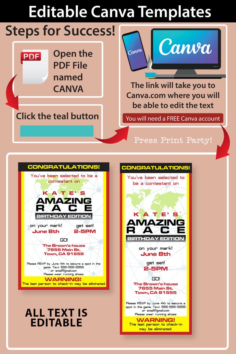 The Amazing Race Party Invitation Printable, Editable, Route Marker, envelope labels, 2 sizes, Print or Send Digitally, INSTANT DOWNLOAD image 7