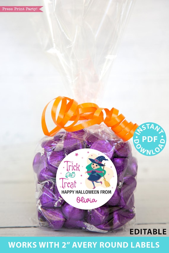 Halloween Labels Printable Avery 2" Round Labels Customizable with Editable text, Halloween treat sticker, Green Witch, INSTANT DOWNLOAD Il_570xn