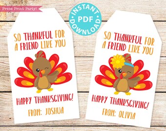 EDITABLE Thanksgiving Tags for Friends Printable Template, For Kids Boy or Girl Turkey, Edit last line, Gift Tags, INSTANT DOWNLOAD