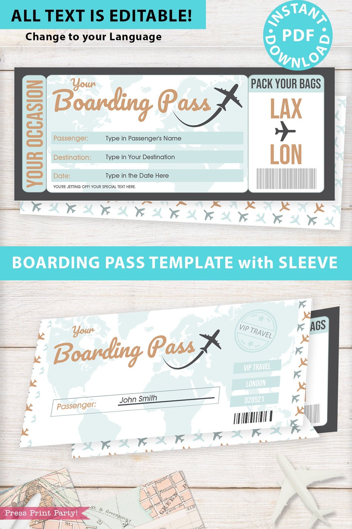 Boarding Pass Template Holder Editable Text Printable Etsy