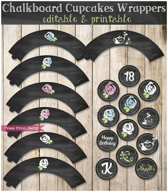 Chalkboard Cupcake Wrappers and Toppers - Editable & Printable - Tea Party, Baby Shower or Bridal Shower - INSTANT download Il_570xn