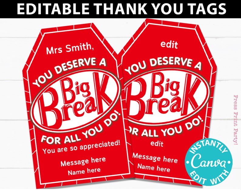 Kitkat Thank You Gift Tags Printable Teacher Appreciation - Etsy