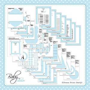 K&ouml;nnte beinhalten: Druckbare Babyparty-Dekorationen in Blau und Wei&szlig; mit wei&szlig;en Punkten. Das Set beinhaltet eine Girlande, Cupcake-Topper, Etiketten f&uuml;r Lebensmittel und vieles mehr. &copy; Press Print Party!