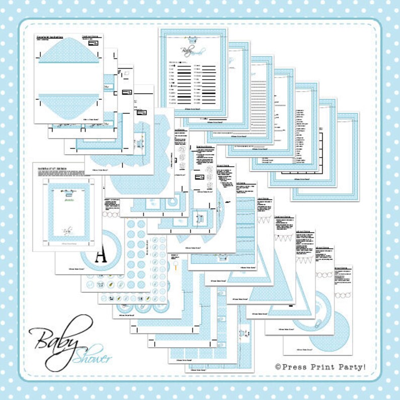 K&ouml;nnte beinhalten: Druckbare Babyparty-Dekorationen in Blau und Wei&szlig; mit wei&szlig;en Punkten. Das Set beinhaltet eine Girlande, Cupcake-Topper, Etiketten f&uuml;r Lebensmittel und vieles mehr. &copy; Press Print Party!
