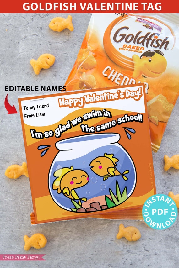 Goldfish Valentine Printable Tag Kids Valentines Cards EDITABLE Names 