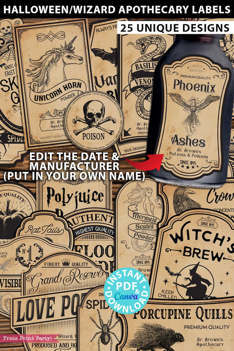 Wizard Potion Labels Printables, HP Polyjuice Potion Label, Editable, Halloween Decor, Wizard Party, Apothecary Labels, INSTANT DOWNLOAD image 2