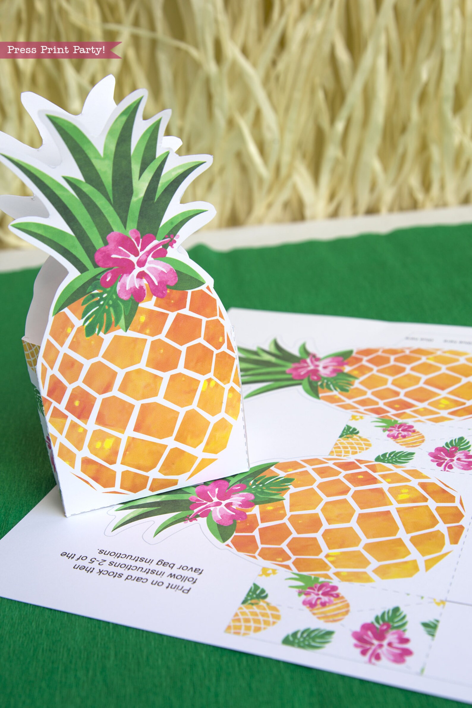 Pineapple Gift Bag Printable Luau Favor Bag Treat Box Gold Etsy