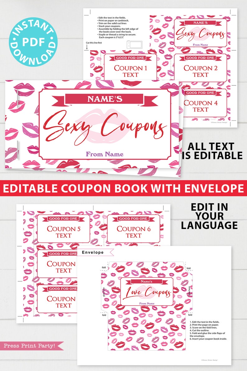 Valentines Coupons Printable, Valentine's Day Gift, Sexy Coupons For Husband, Wife, Custom Gift Idea, Editable Template, INSTANT DOWNLOAD image 3