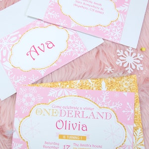 Winter ONEderland Birthday Party Package Printable, Pink & Gold Snowflakes Decorations, Girl First Birthday Party, Invite, INSTANT DOWNLOAD image 2