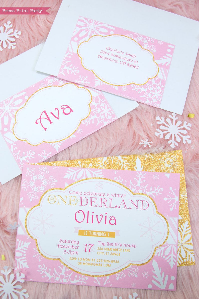 Winter ONEderland Birthday Party Package Printable, Pink & Gold Snowflakes Decorations, Girl First Birthday Party, Invite, INSTANT DOWNLOAD image 2