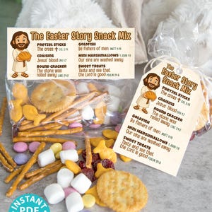 Bearbeitbare Ostergeschichte Snack Mix Topper und Tag Druckbare benutzerdefinierte DIY Canva Jesus Bibel Sonntag Schule Leckerbissen Label Glaube basierende Osteraktivität