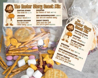 Etiqueta e topper editáveis para mix de lanches com a história da Páscoa, imprimíveis e personalizados no Canva. Atividades de Páscoa baseadas na fé, com foco na Bíblia de Jesus e em escolas dominicais.