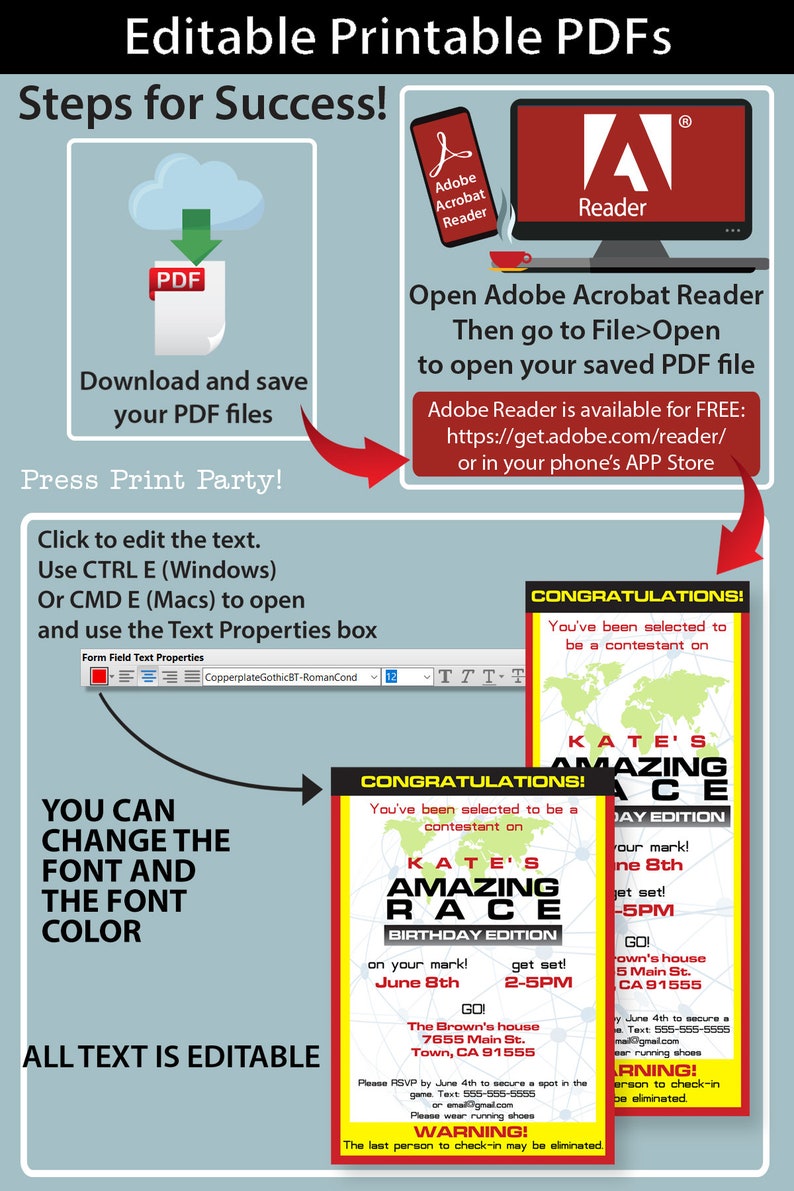 Amazing Race Party Decorations, editable clue cards, invitations. Make your own Amazing Race Challenges great for birthday party. Road Block Route info Speed bump fast forward face off u-turn banners signs canva and pdf