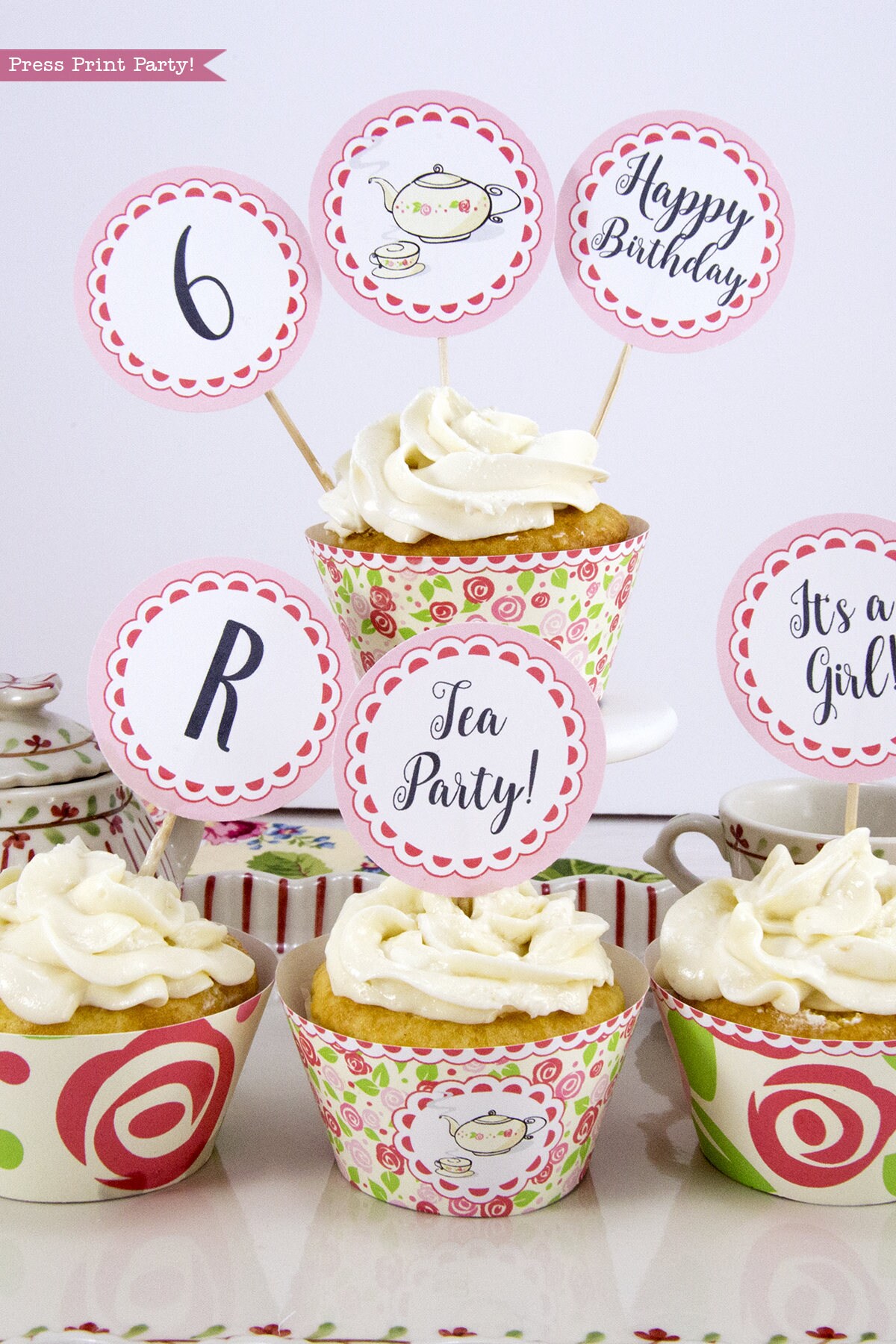 Tea Party Cupcake Toppers and Cupcake Wrappers Printables Tea | Etsy